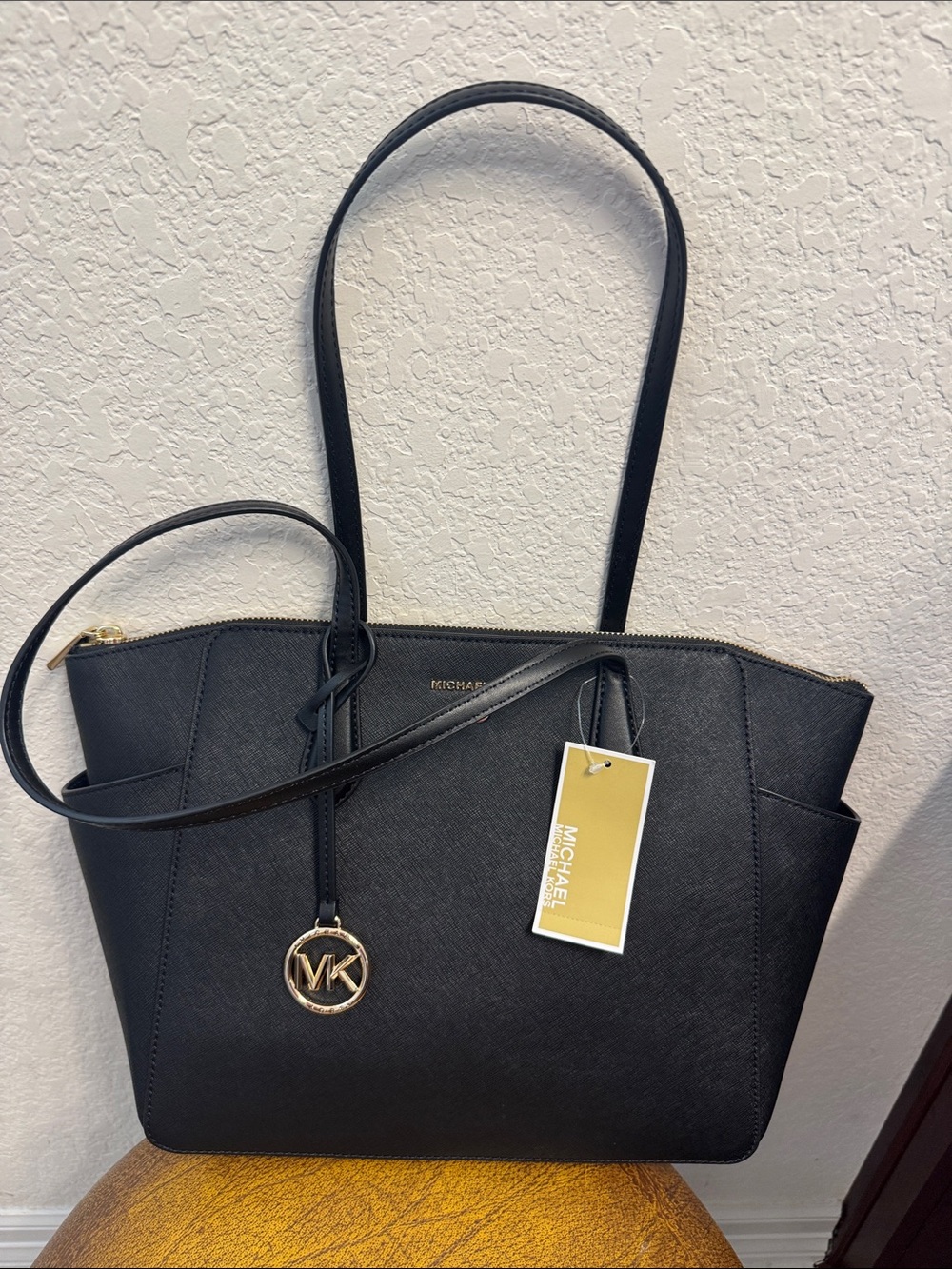 Michael Kors Black Saffiano Leather Tote with Gold Charm